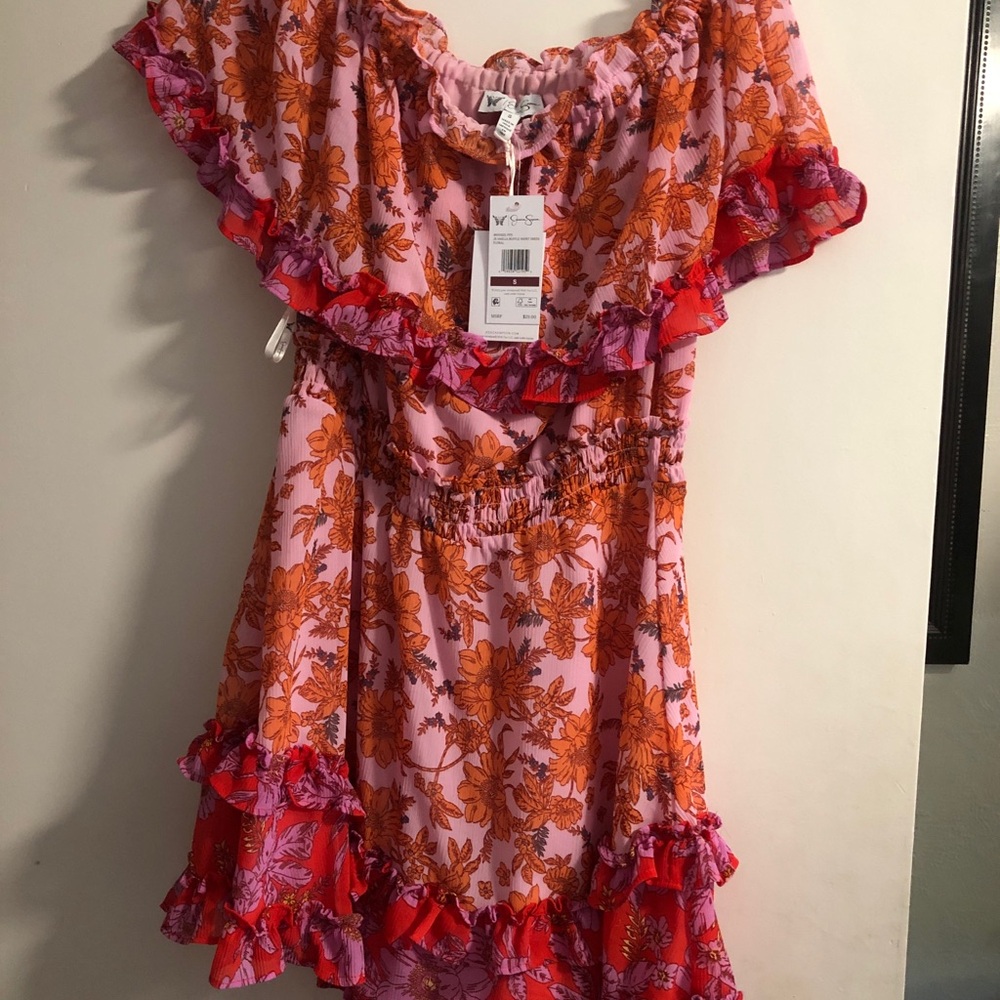 New w/ Tag Women’s Jessica Simpson Pink & Orange Floral Ruffle Dress
